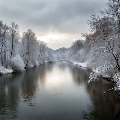 Winter scene along a riverbank