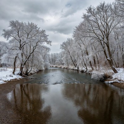 Snowy river landscape in winter