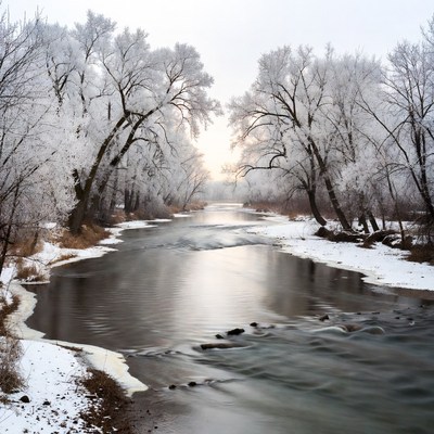 Frosty river in winter woods