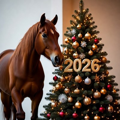 Horse next to christmas tree 2026