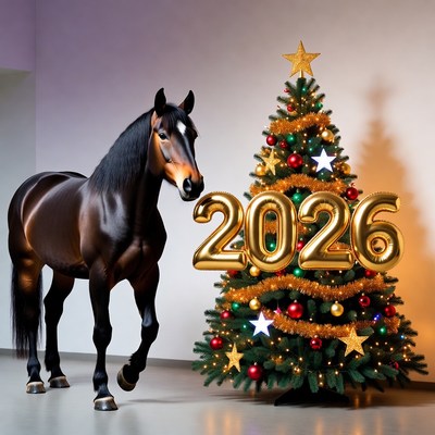Horse by christmas tree for new year 2026