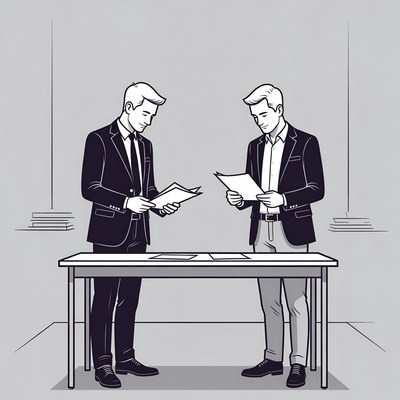 Two men discussing documents at a table
