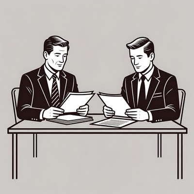 Two men reviewing documents at a table