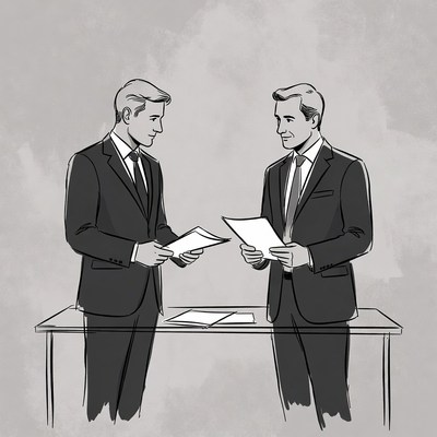 Two men discussing documents together