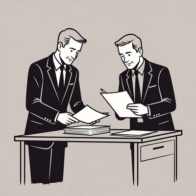 Two men review documents together