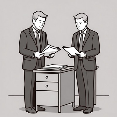 Two men reviewing documents at a desk