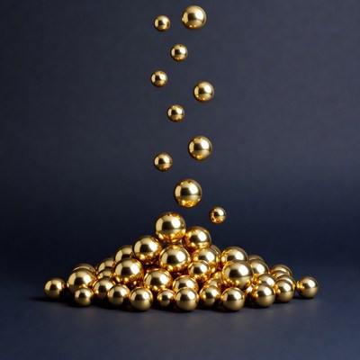Gold spheres in motion above a cluster