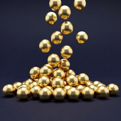 Golden balls stacked on dark surface