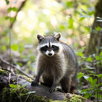 Raccoon stands on a log