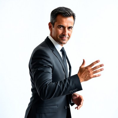Professional man in suit gestures confidently