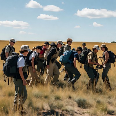Group trekking through grassy plains