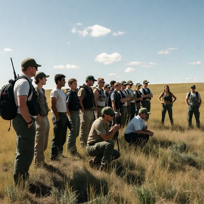 Group learning about wildlife in open field