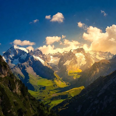 Mountains with sunset glow over valley