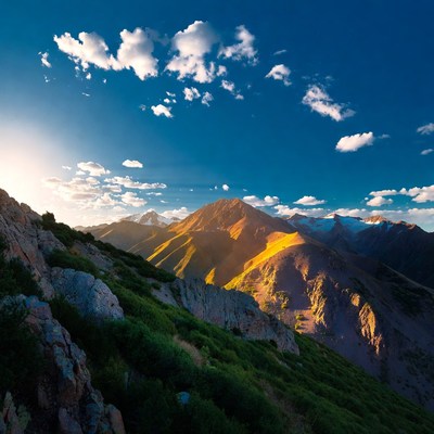 Mountains and sunset with clouds