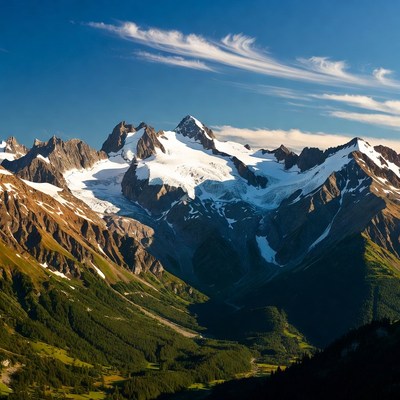 Snow-capped mountains in bright daylight