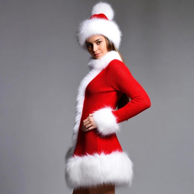 Woman in red holiday outfit