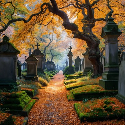Autumn path through cemetery with trees