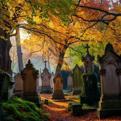 Autumn in historic cemetery pathway