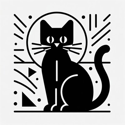 Black cat sits amidst shapes