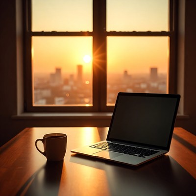 Laptop and coffee during sunset hour