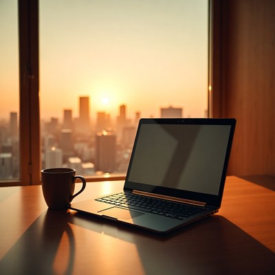 Laptop and coffee overlooking cityscape