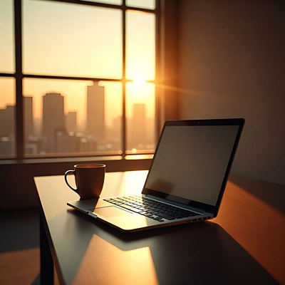 Laptop and coffee at sunrise