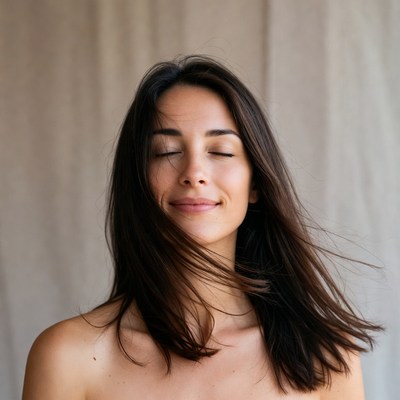 Brunette woman relaxes and smiles