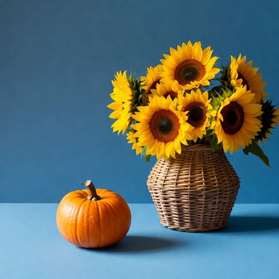 Sunflowers and pumpkin on blue table