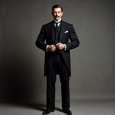 Man in black suit stands confidently