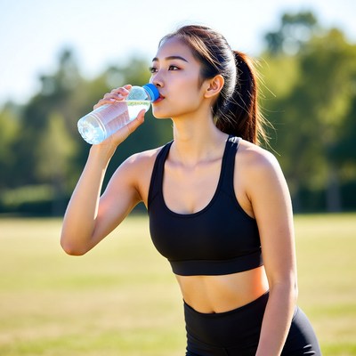Woman drinks water during workout