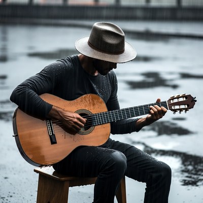 Man playing guitar in the rain