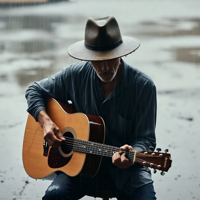 Man plays guitar in rain