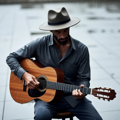 Man playing guitar in the rain