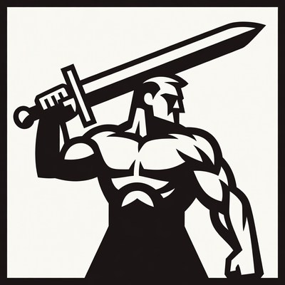 Strong man with sword raised in action