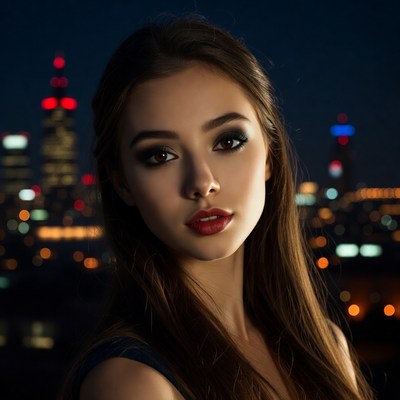 City lights at night with woman