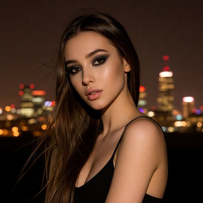 City skyline and woman at night