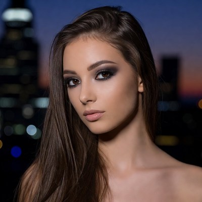 Model posing in front of city skyline