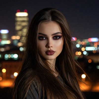 City lights at night with model