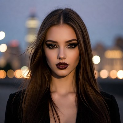 Model poses at night in city