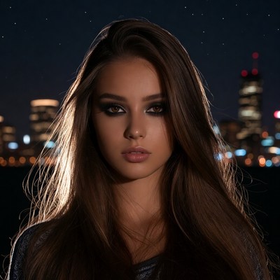 Woman with long hair in city at night