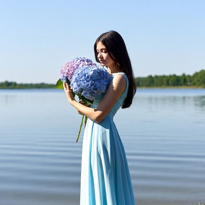 Young woman holding flowers by lake