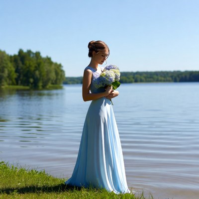 Woman in blue dress by lake