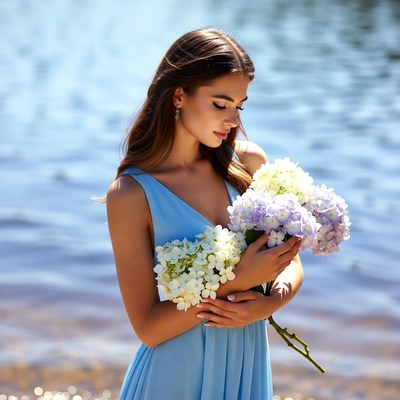 Woman with flowers by the water