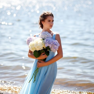 Woman with flowers by the water