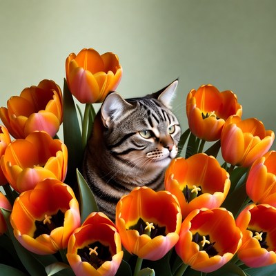 Cat sitting among orange tulips