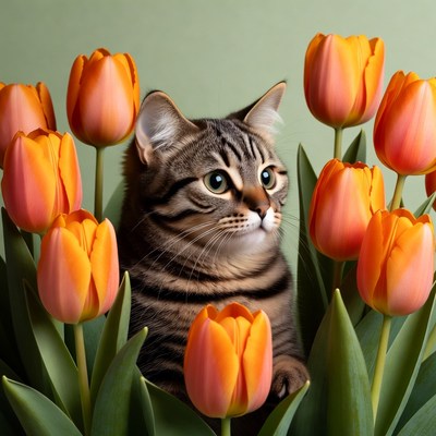 Cat surrounded by orange tulips