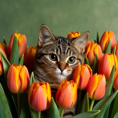 Cat with tulips in a garden setting