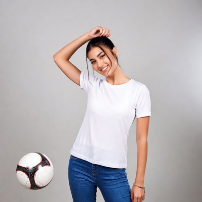 Young woman plays with soccer ball