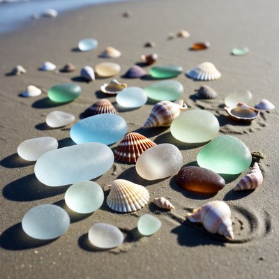 Colorful shells and sea glass on sandy beach