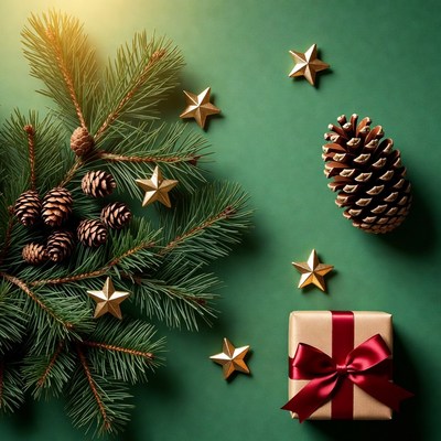 Festive decorations on green background